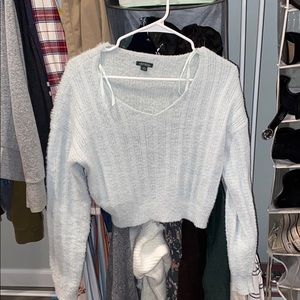 light blue cropped fuzzy sweater